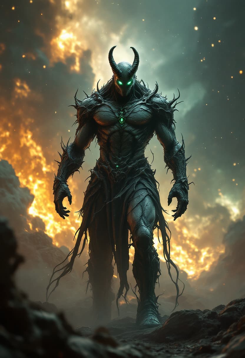 AI generated: God of Decay, full-body, Etherial, muscular, No mouth or hair, Glowing Dark green eyes, epic, cinema...