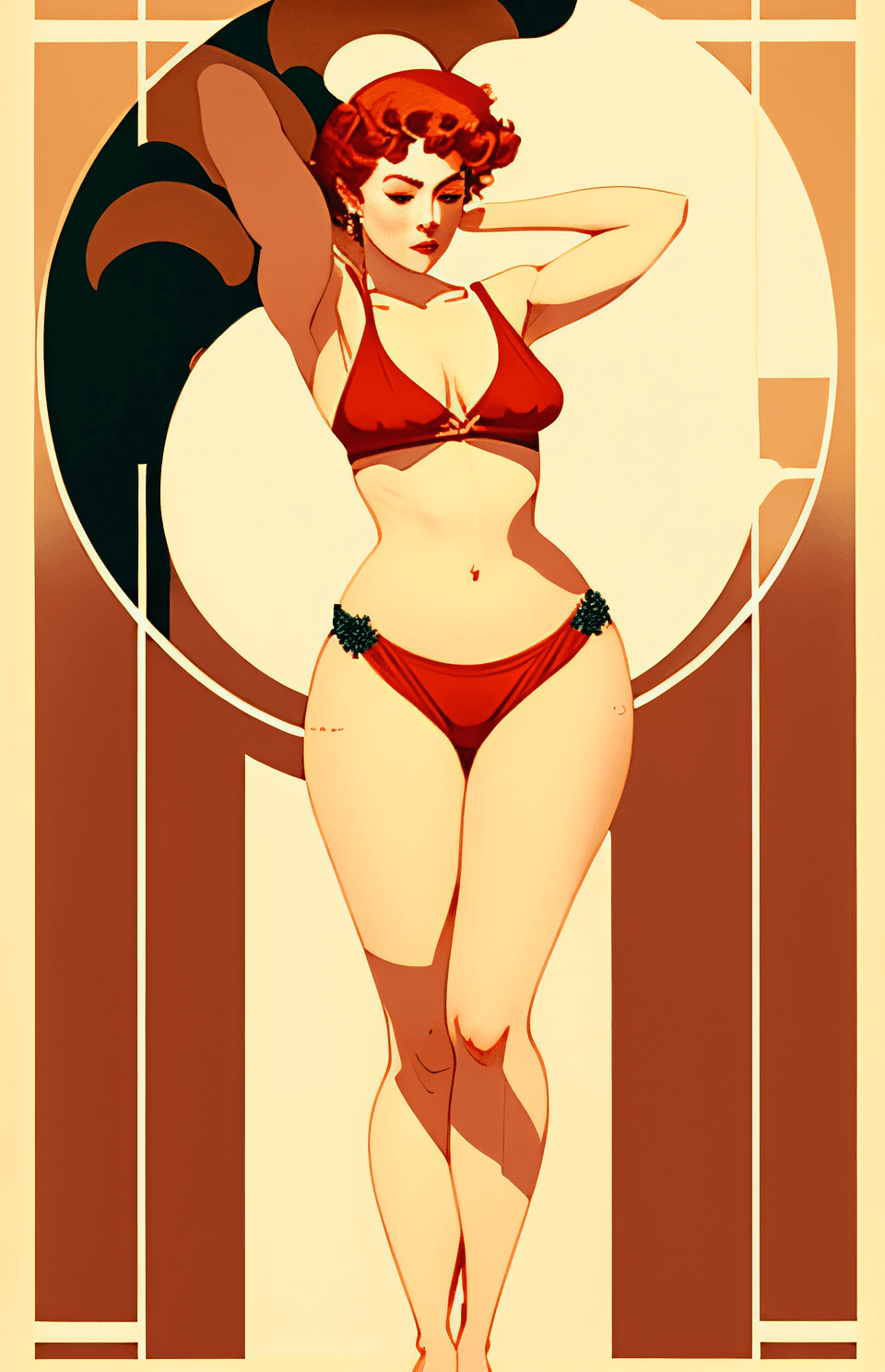 AI generated: a drawing of a woman in a bikini top and shorts, pin up, pin-up, pin - up, pinup art, inspired by Ra...