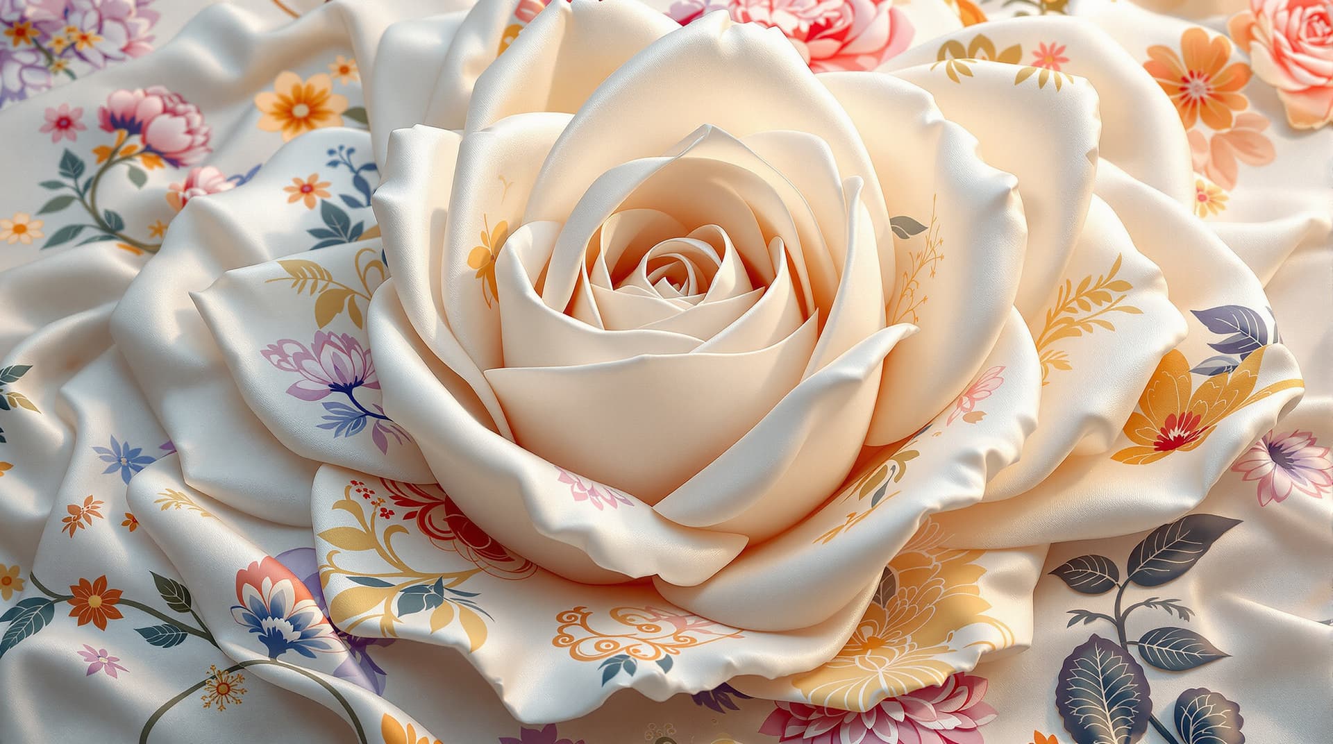 AI generated:  a work of art  in a  glossy silk fabric white rose embroidered in 3d, each petals are  made of diff...