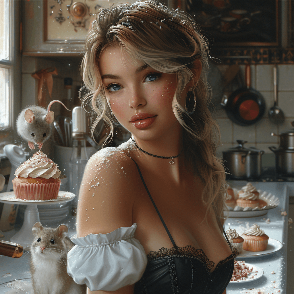 AI generated: dark blonde hair, cute mice, pink cupcake