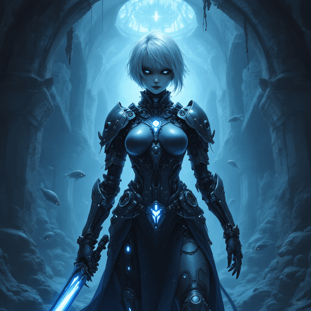 AI generated: 29. The Abyssal Automaton: A haunting and mysterious warrior with short, platinum blonde hair, style...