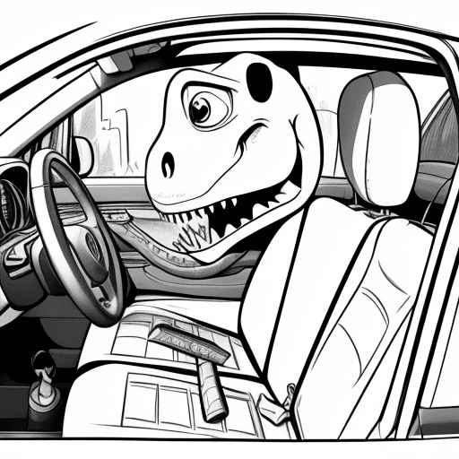 AI generated: happy 
dinosaur in car for coloring book