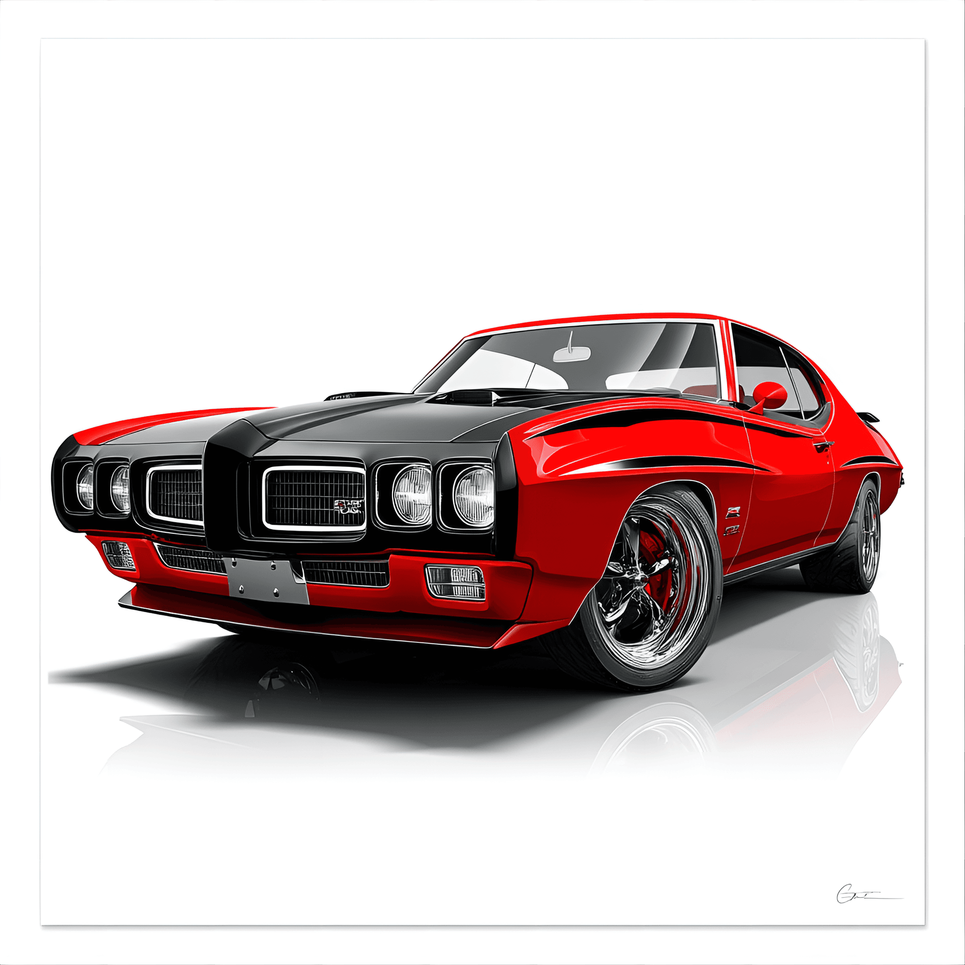 AI generated: stylish 1969 Pontiac GTO Judge, with its aggressive front end, bold paint job, and muscle
car stanc...