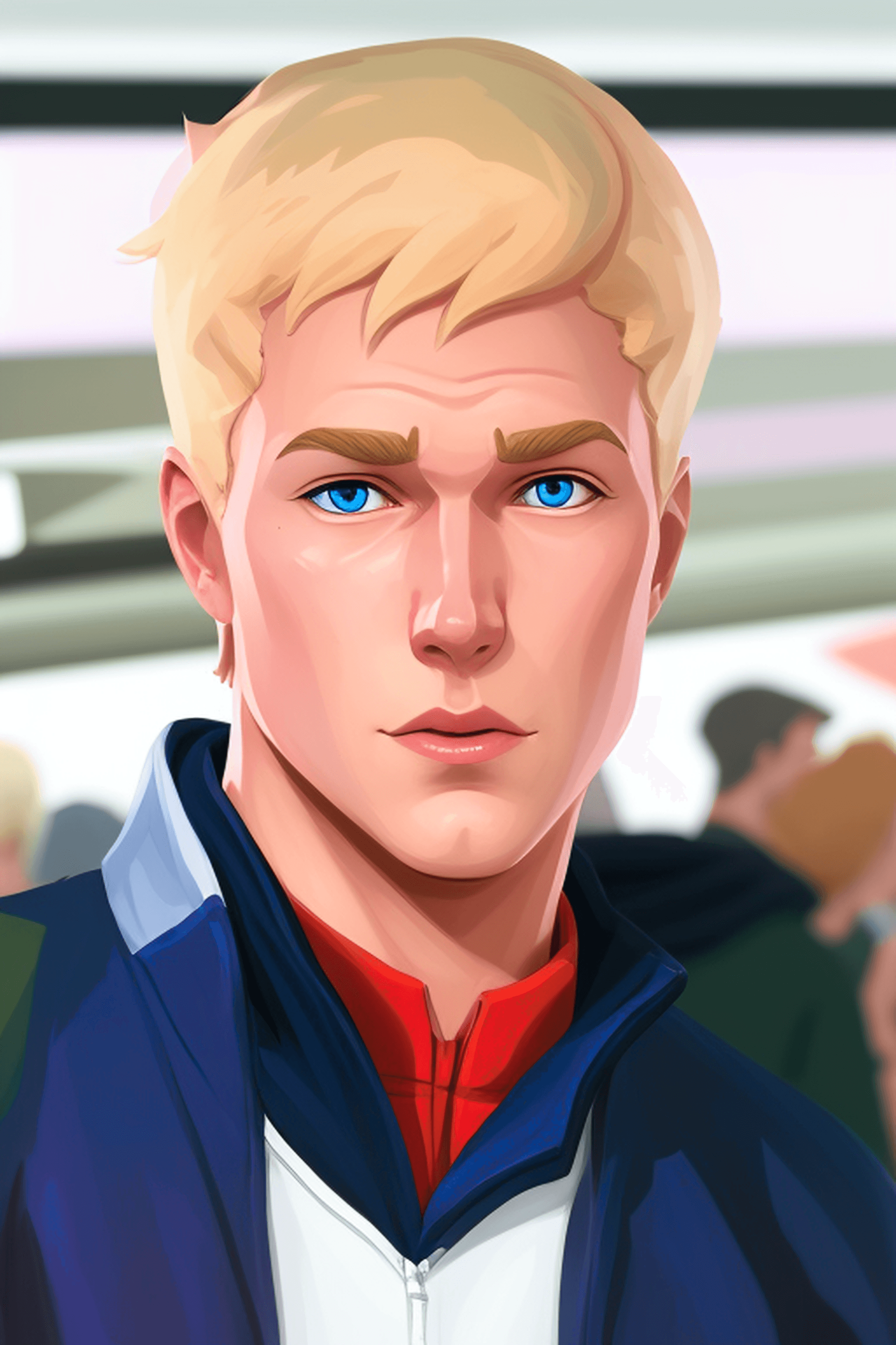 AI generated: Young Fred from scooby doo, portrait, white jacket, blonde, strong, sharp focus, digital art, single...