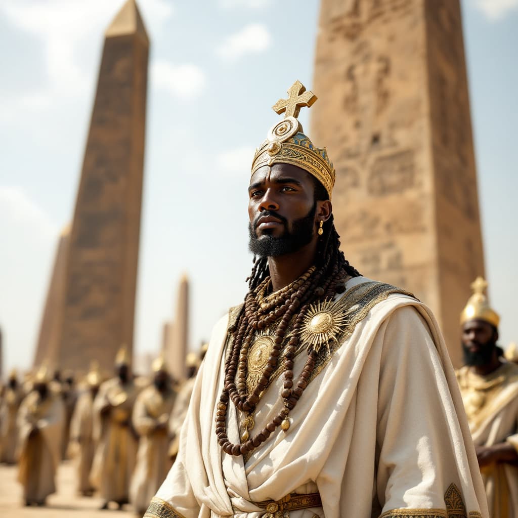 AI generated: Phot of the axumite king Ezana in front of the obelisks of Aksum, he has distinct habesha features a...