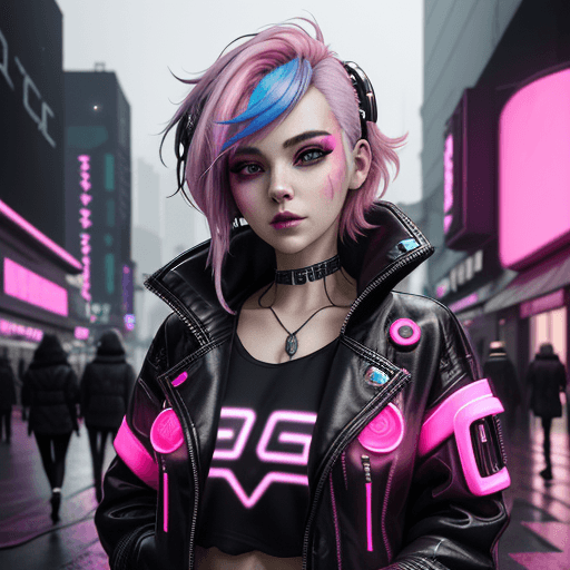 AI generated: Lady with cute face, elegant body, beautiful sleepy eyes, wearing black jacket short, colorful neon ...
