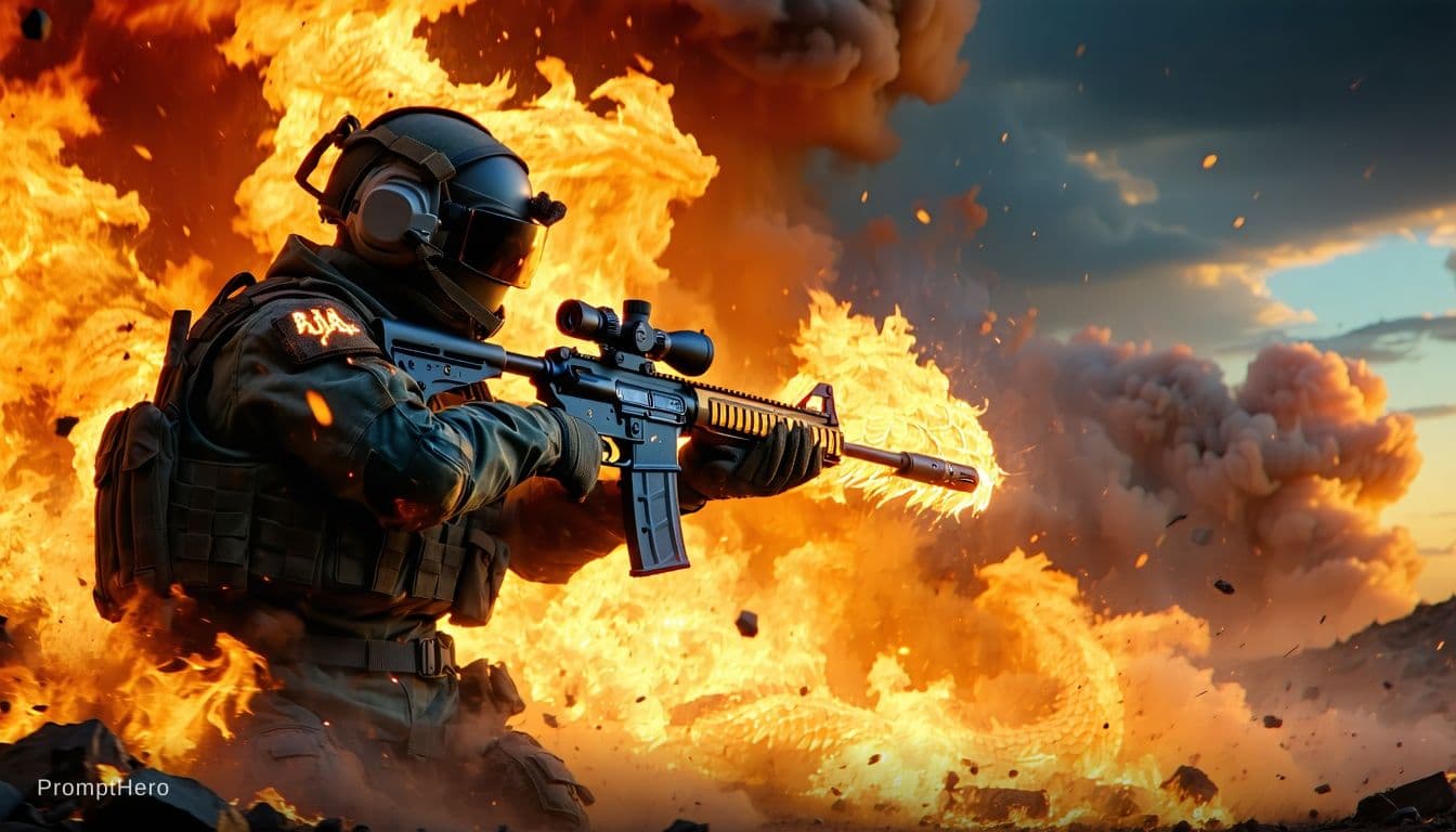 AI generated: ultra detailed esports banner, PUBG style warrior holding a mythical golden dragon M416 engulfed in ...