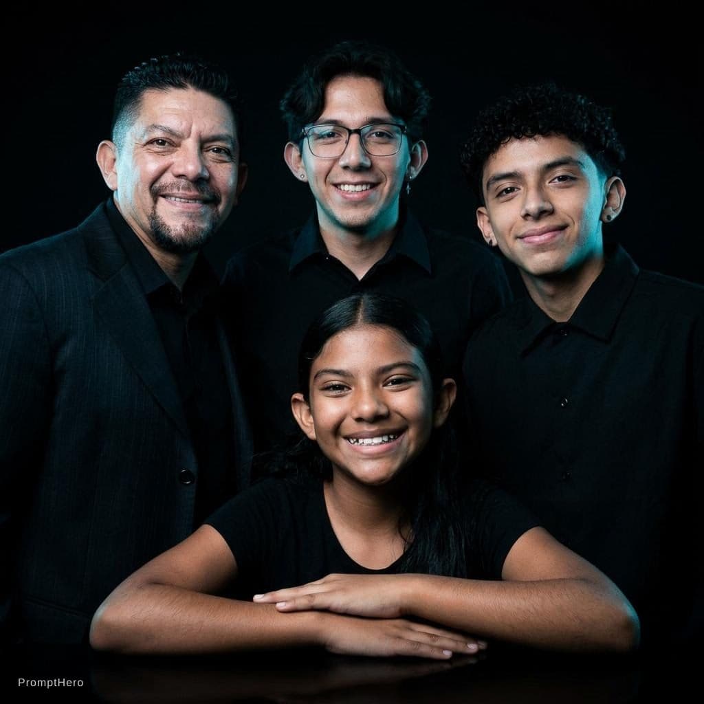 AI generated: A photo of a father with his 3 children, a girl and two boys. A professional studio photo with a bla...