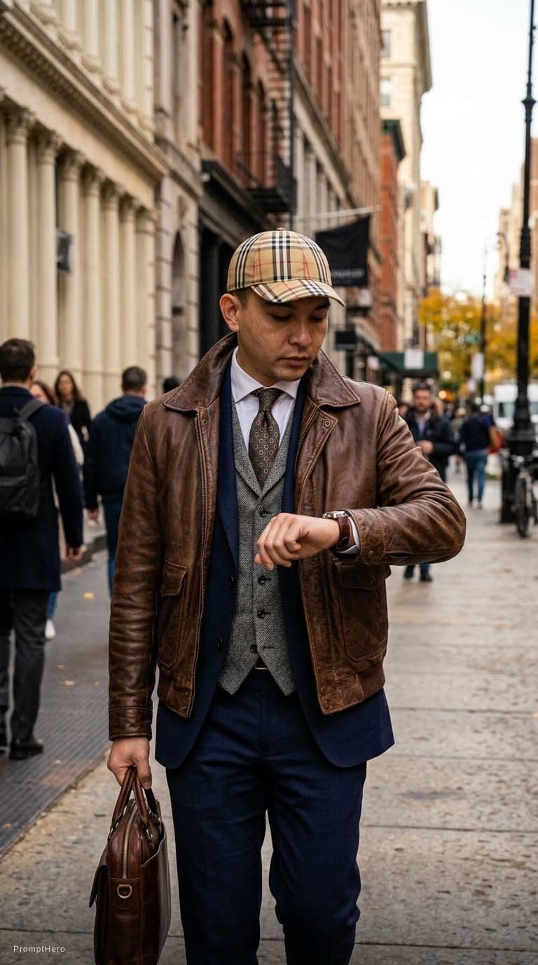 AI generated: old money style, menswear inspo, vintage mens fashion, leather jacket outfit men, three piece suit, ...