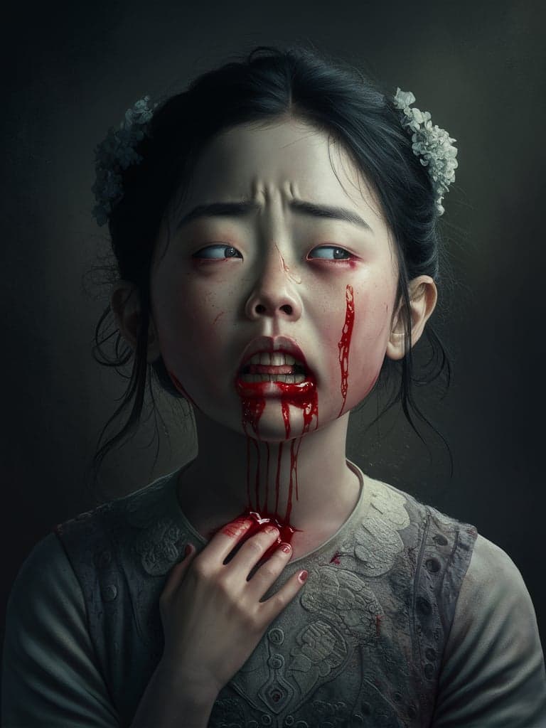 AI generated: A gorgeous portrait of an Asian woman who has lost everything. Her pain is shown with intricate deta...