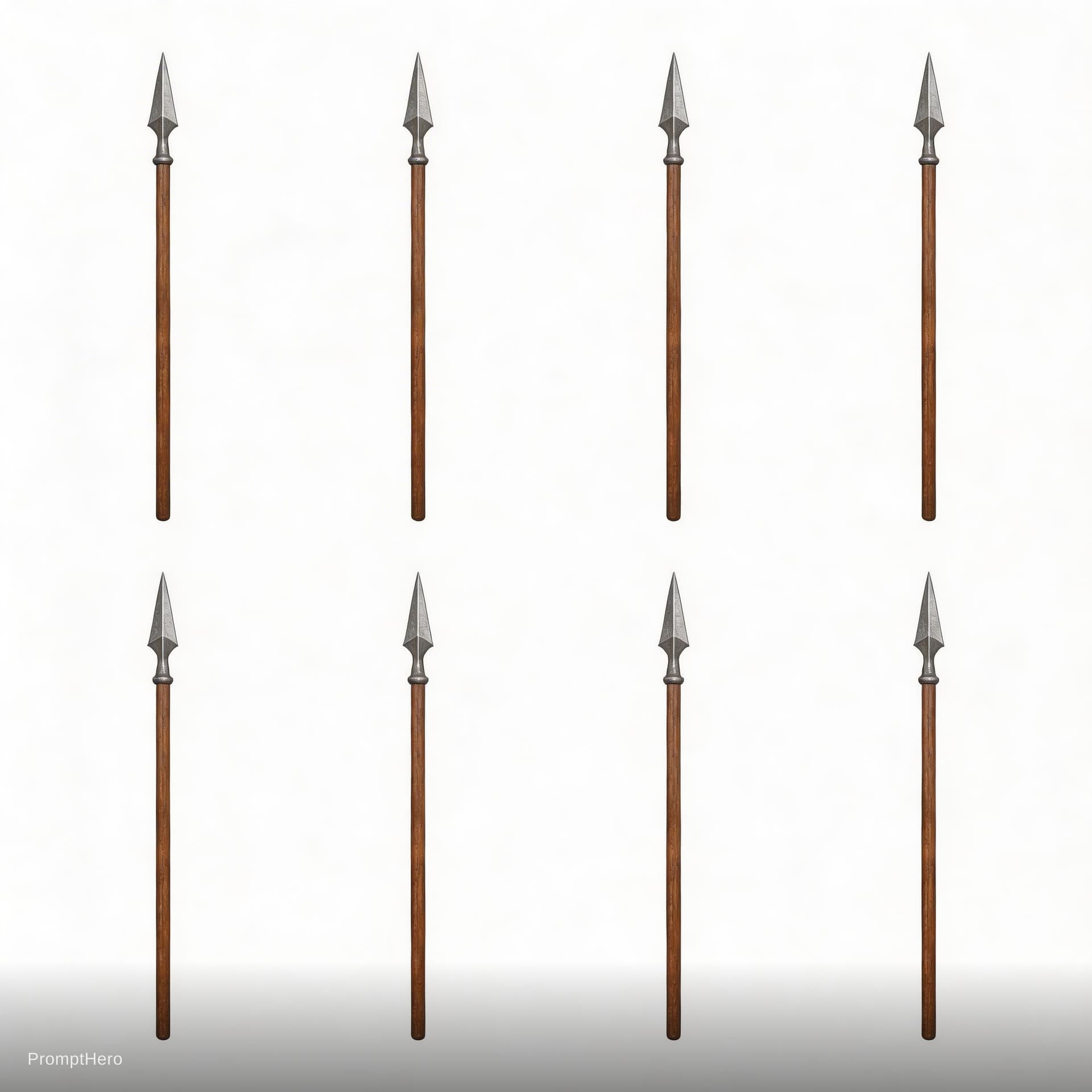 AI generated: 8 ancient spears sharp and pointy on white background.
