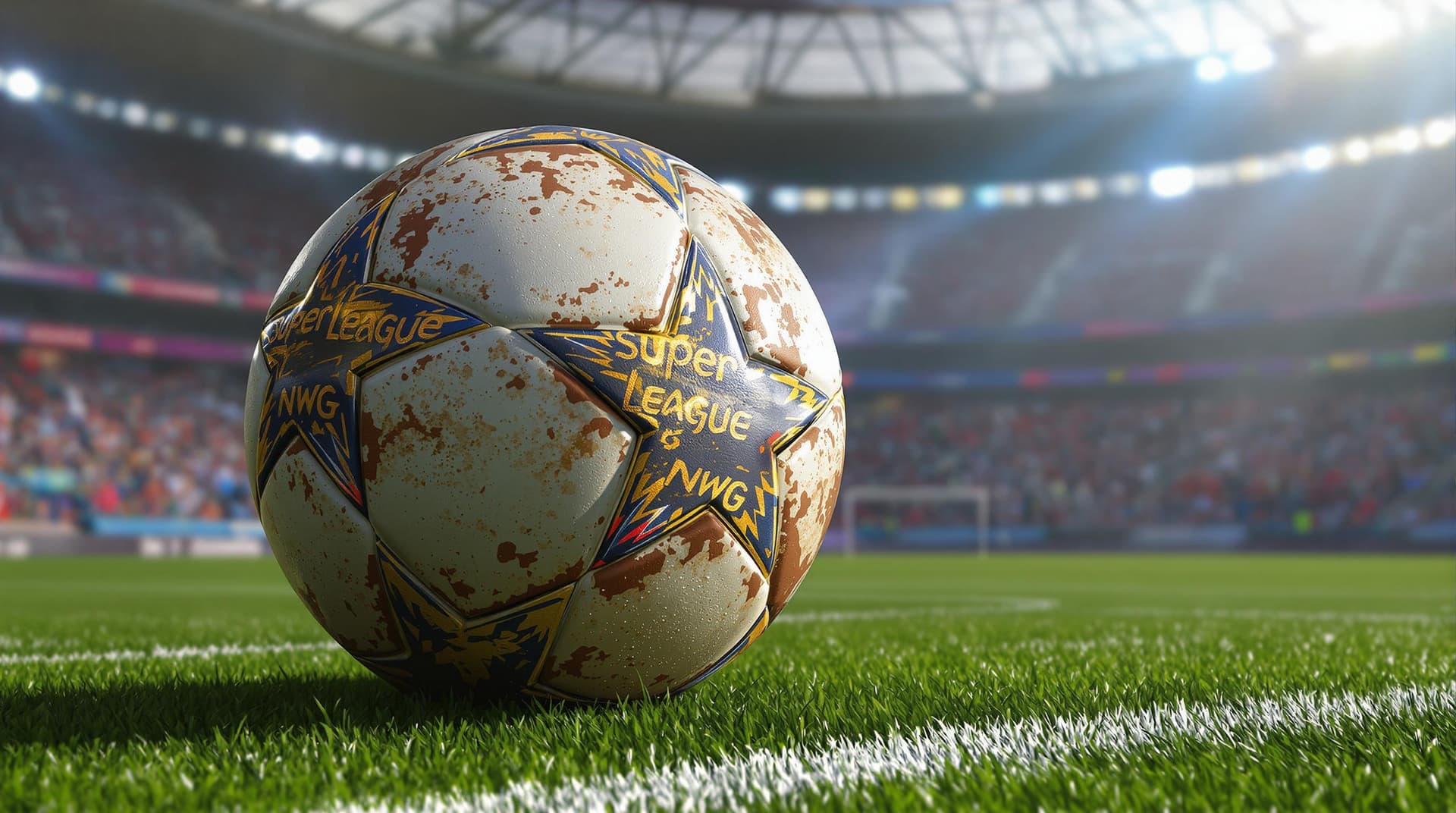 AI generated: Detailed cinematic presentation of an old, dusty soccer ball detailed over a soccer stadium very sim...