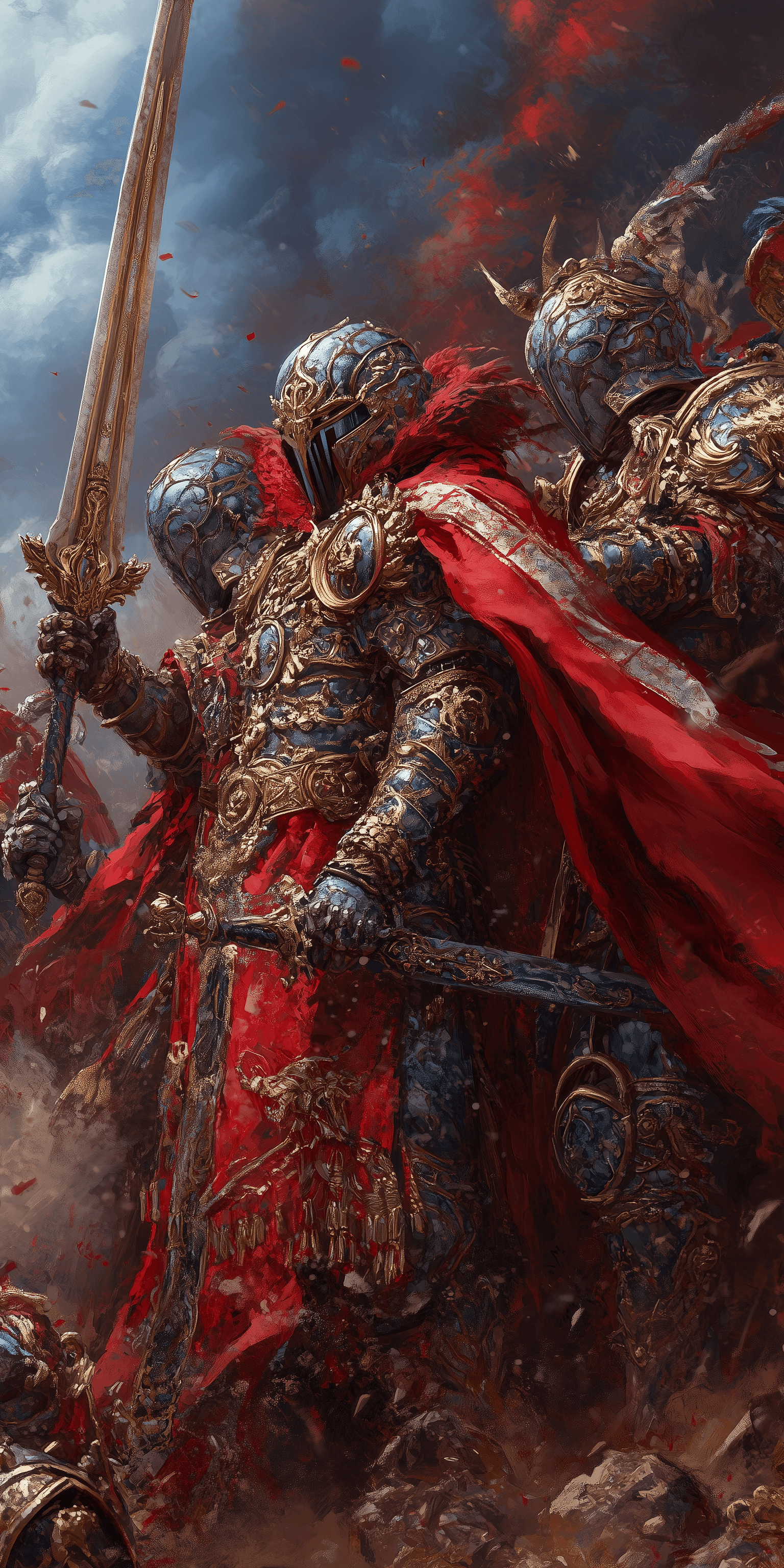 AI generated: Red and Blue Knights in the Desert, highly detailed armor with marble textures, red sky with blue cl...