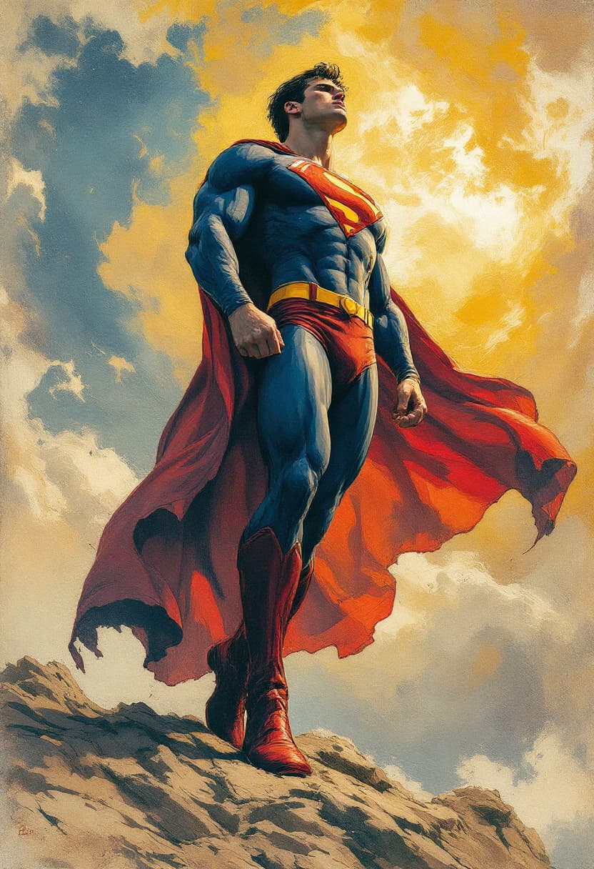 AI generated: fullbody Portrait tilted at 45 degrees, dynamic pose,  Superman, Art Nouveau, Neo-Impressionism, cha...