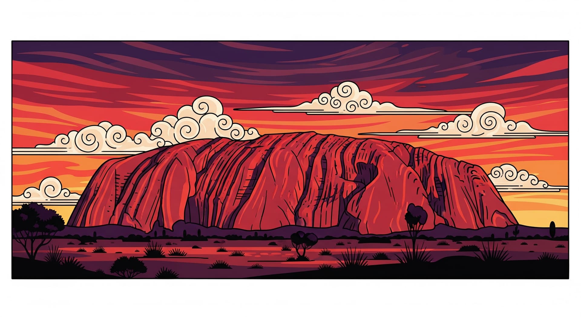 AI generated: An Australian landscape featuring Uluru (Ayers Rock) at sunset, in a modern Ukiyo-e style. Featuring...
