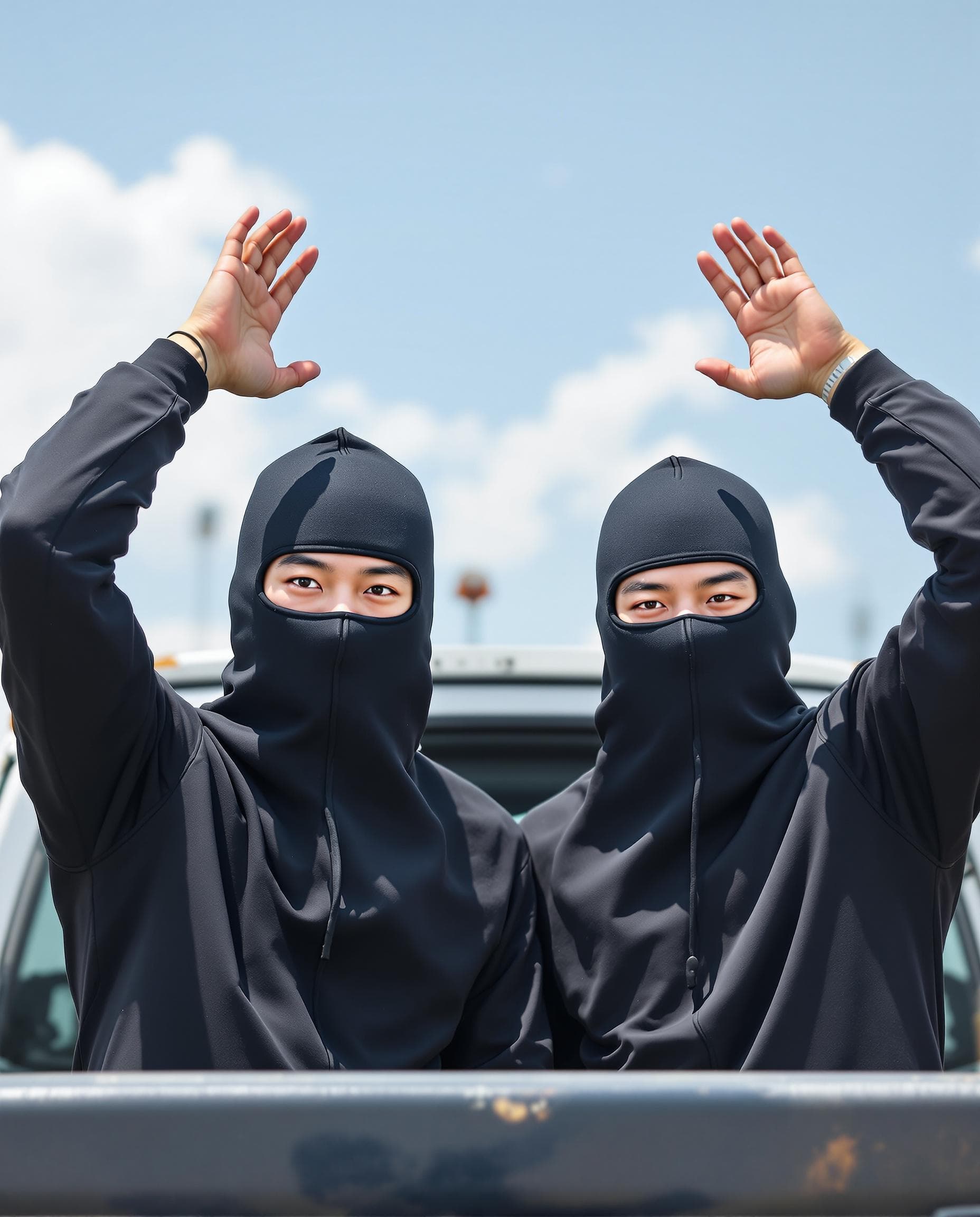 AI generated: Two male Asian born Chinese athletes arrested in day time. They are at the back of a truck. They put...