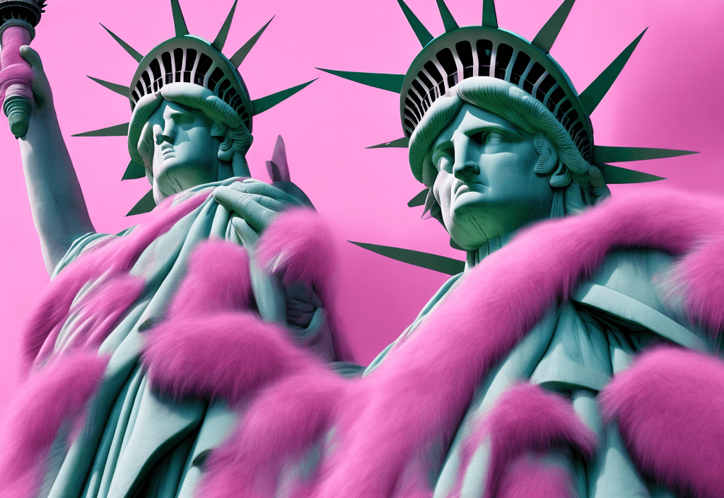 AI generated: Statue of Liberty wearing a pink fluffy fur coat, 8k octane rendering, high resolution photography, ...