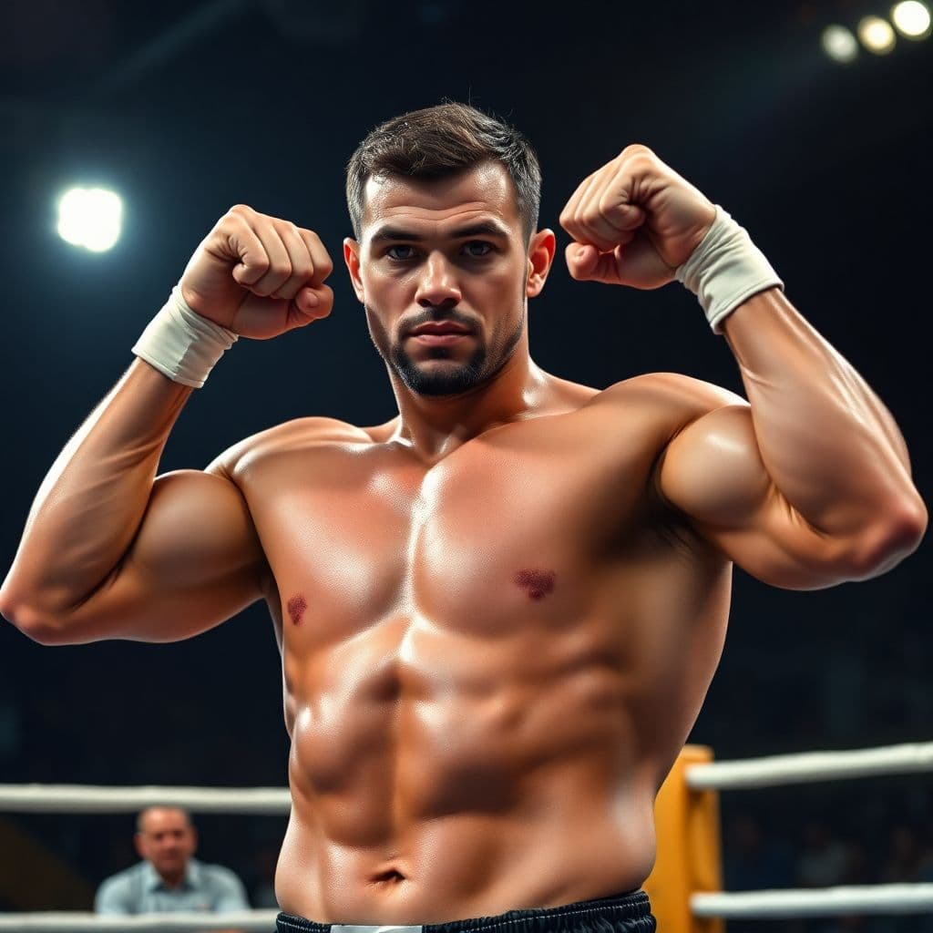 AI generated: In the photo, the muscular boxer looks at the camera and flexes his chiseled biceps in the ring, swe...