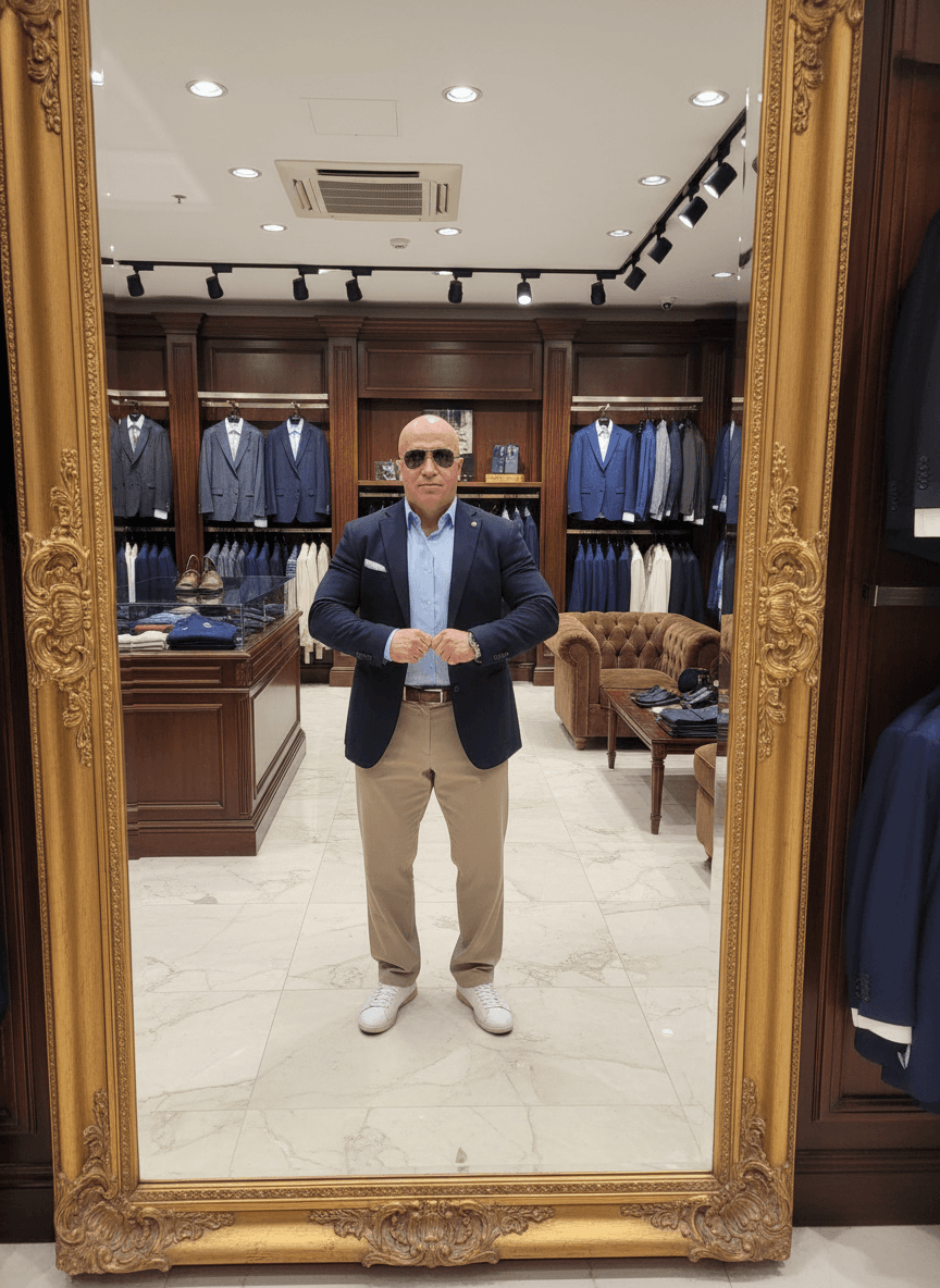 AI generated: At a very luxurious men's clothing store, the bodybuilder is white male, 6 feet 4 inches tall, he ha...