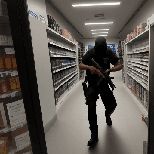 AI generated: photo of a thief robbing in a shop with a shotgun, police, cloudy