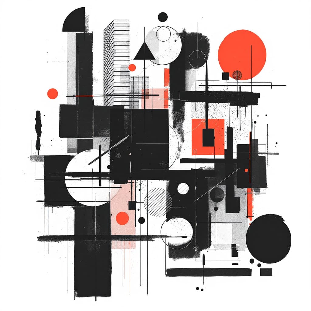 AI generated: A collage of various abstract shapes and lines, with red accents, on white paper, composition includ...