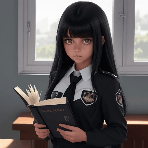 AI generated: Una hermosa joven de cabello negro, vestida con uniforme escolar, se sienta ante una mesa con su lib...