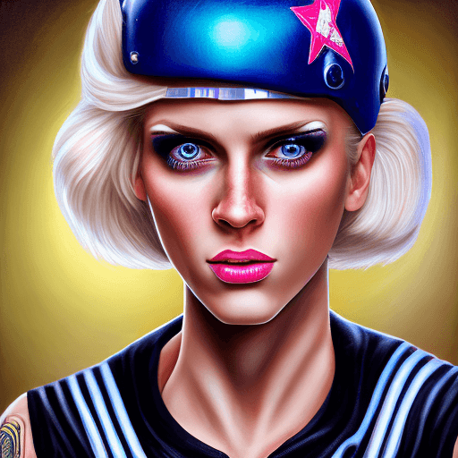 AI generated:  a stunning realistic photograph of a beautiful women blonde crew cut 20 year old, wearing roller de...