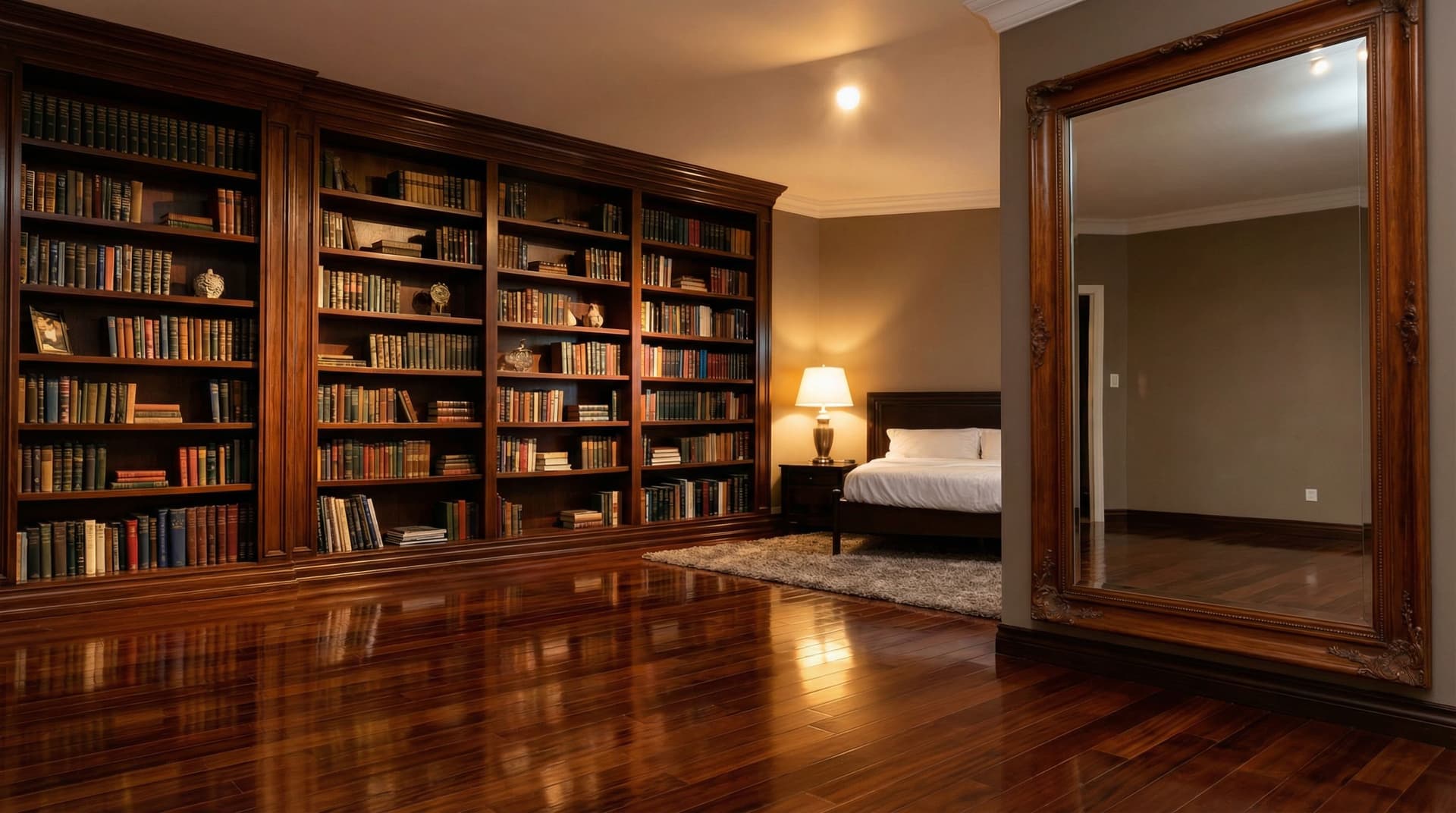 AI generated: Luxurious bedroom. Same image. Expand the room with a large bookshelf and beautiful shinning wood fl...