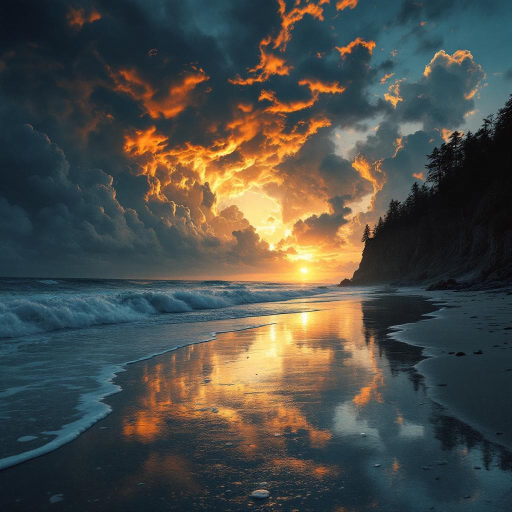 AI generated: A surreal and breathtaking hyperrealistic seascape during an intense sunset. The composition is vert...