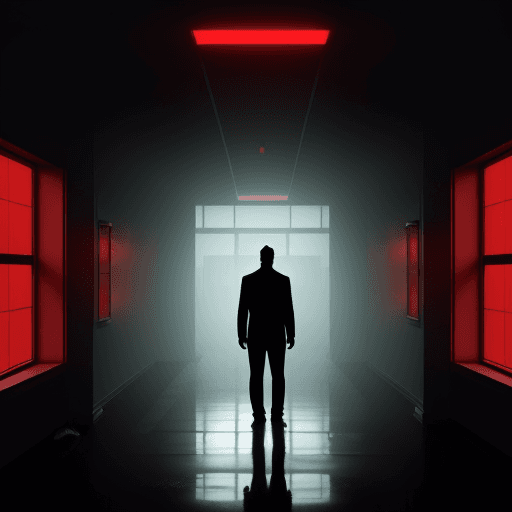 AI generated: a silouette of a man standing inside a building in a raining hall with a red alarm turned on in the ...