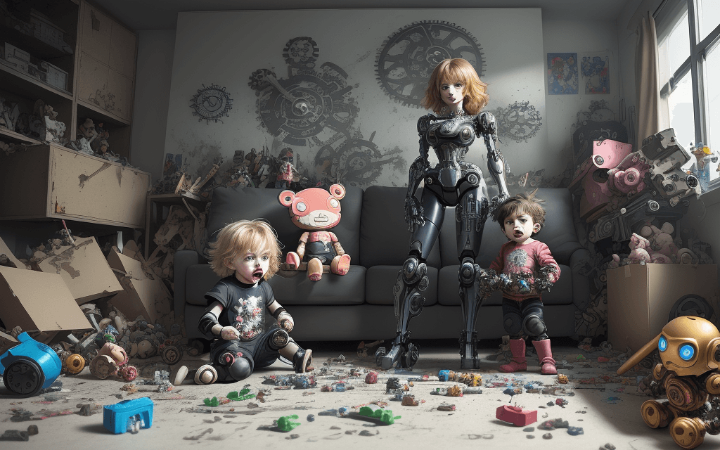 AI generated: a naughty, loud child of 4 years old, holding broken toys in his hands, there is a mess in the room ...