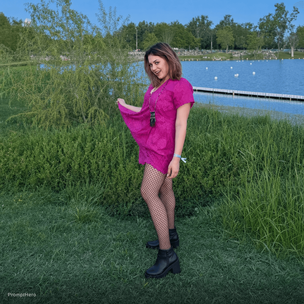 AI generated: Add black fishnet stockings to her legs
