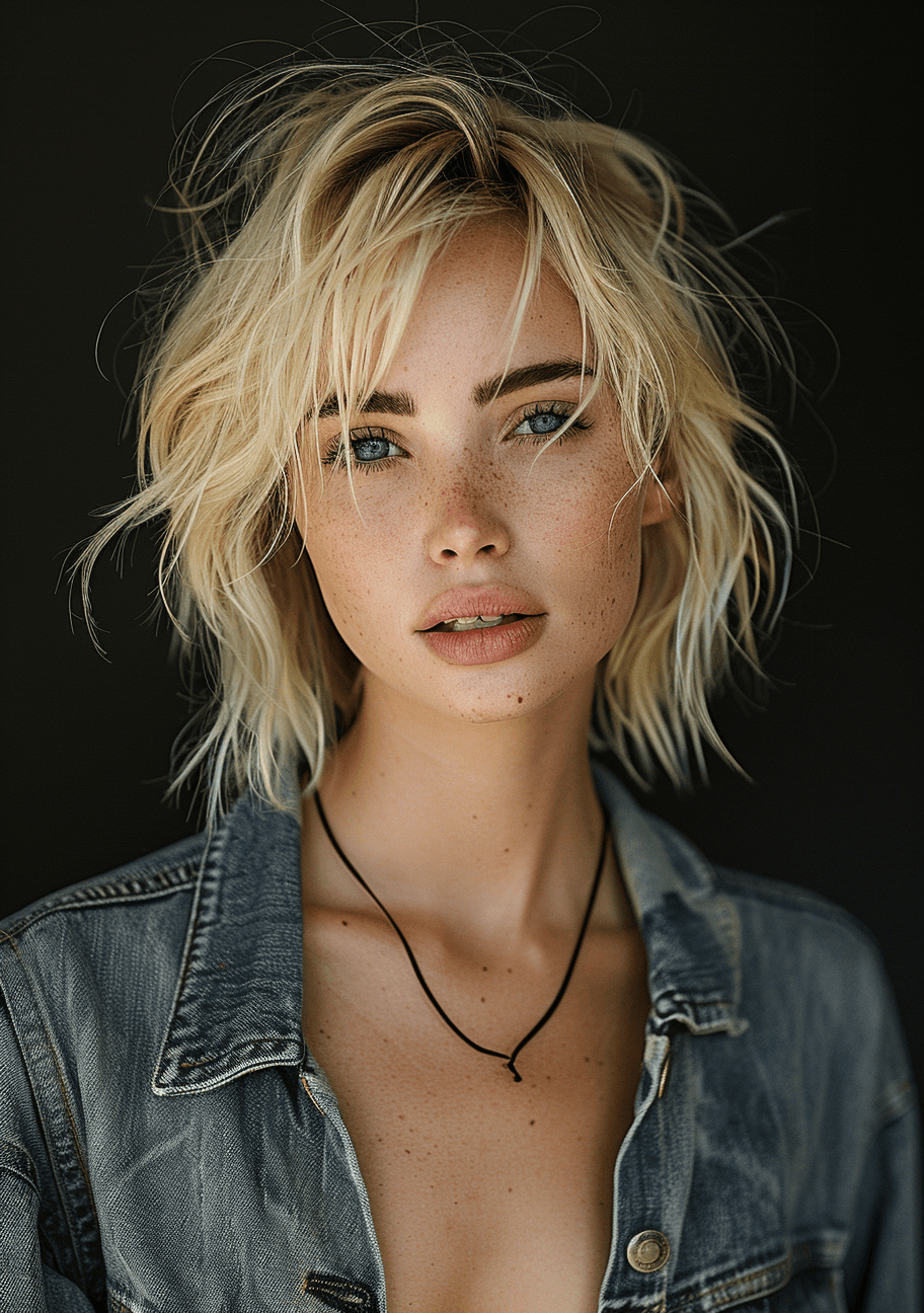 AI generated: photo of an attractive blonde woman with short hair, looking at the camera, portrait photography, in...