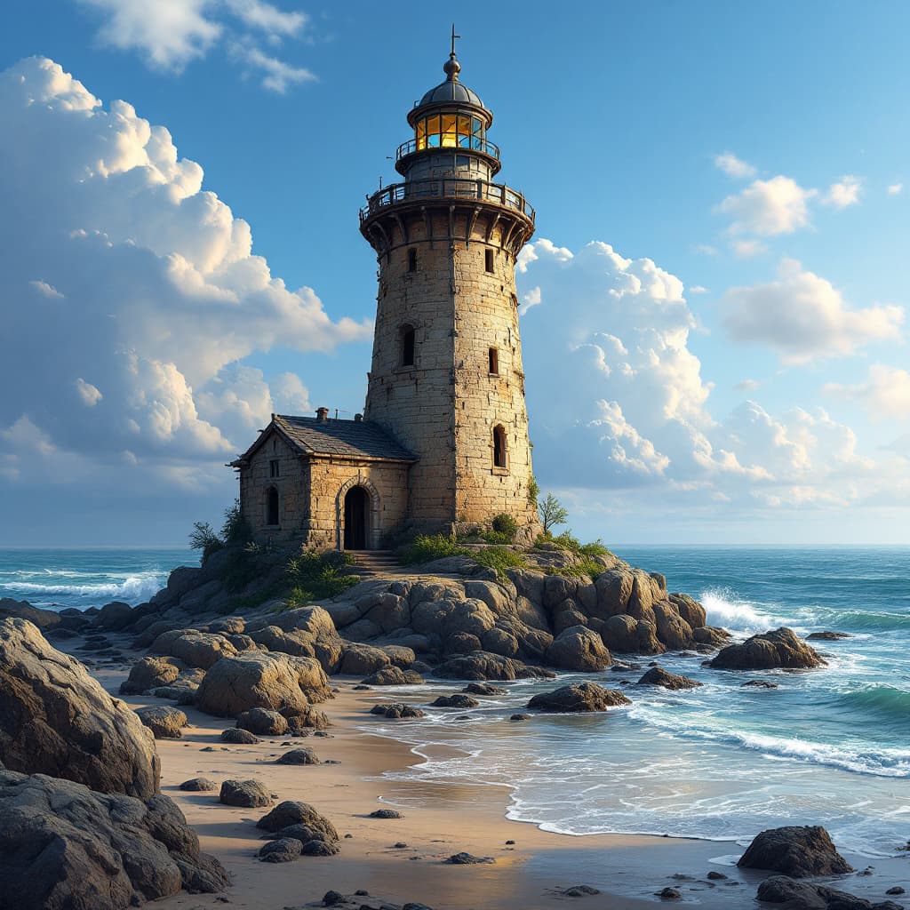 AI generated: A dungeon and Dragons battle map. That has an abandoned lighthouse located on the beach.