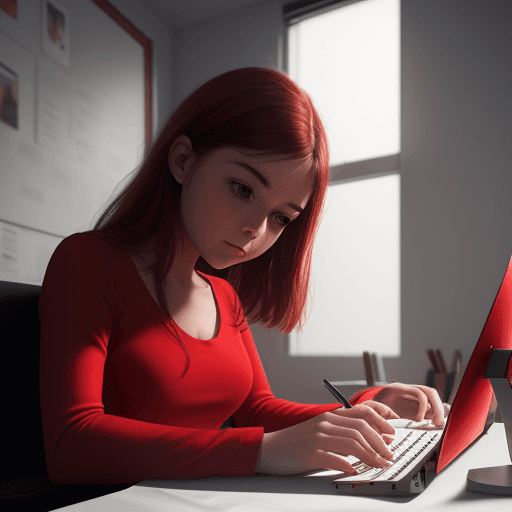 AI generated: macro, photography, young girl in red dress, sitting at desk, at computer, working in computer, look...
