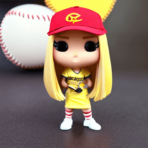 AI generated: baseball girl long yellow blonde hair funko pop wearing baseball hat with crescent moon cute