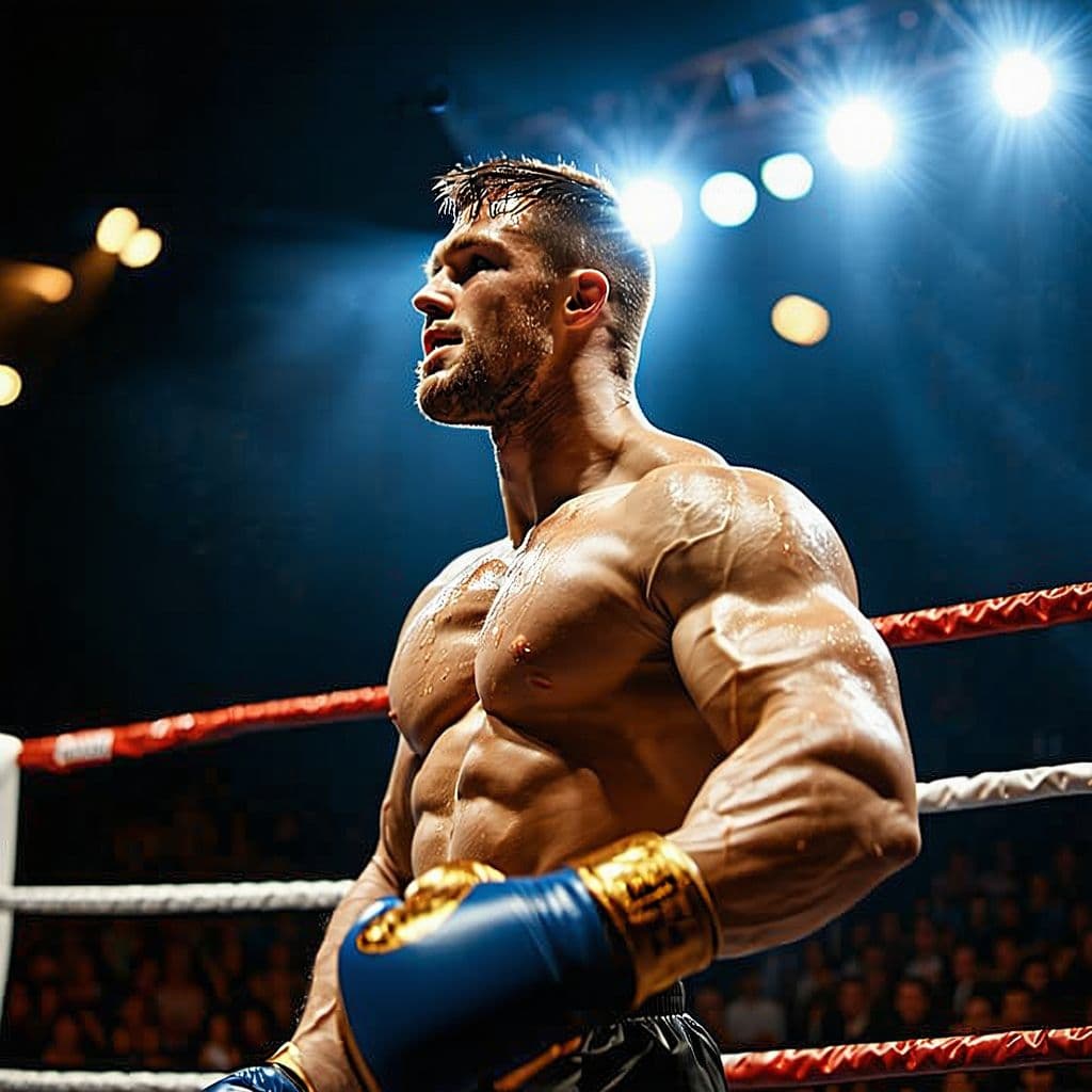 AI generated: photograph,a muscular boxer in the ring flexes his chiseled biceps, sweat glistening under intense s...