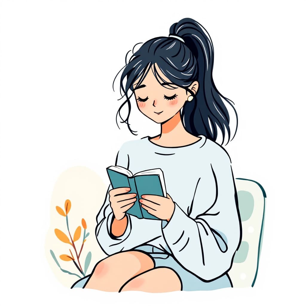 AI generated: simple hand-drawn illustration of a  woman looking at a small book. 
Cute cartoon style woman dresse...