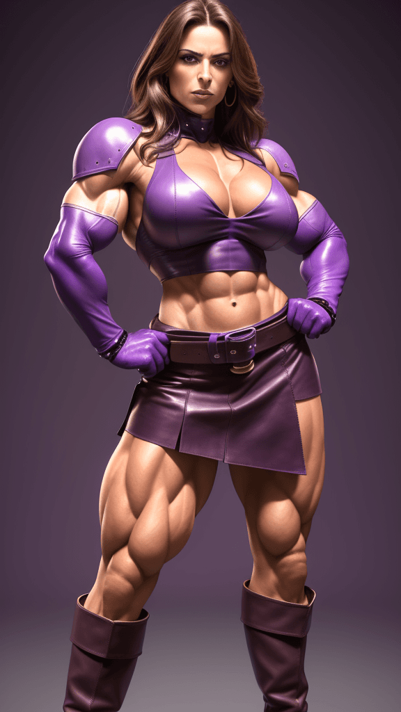 AI generated: Laura Wontorra as strong muscular woman, toned biceps, wears purple Leather skirt, purple Leather Gl...