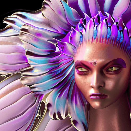 AI generated: Goddess close-up portrait ribcagel. jellyfish phoenix head, nautilus, orchid, skull, betta fish, bio...