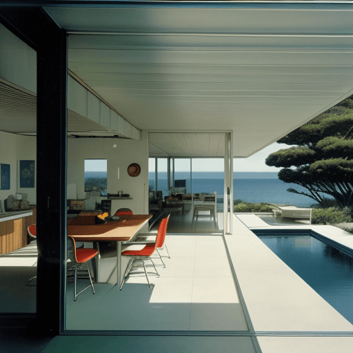 AI generated: Hyper realistic eye level exterior photo of a mid century modern style house overlooking the ocean, ...