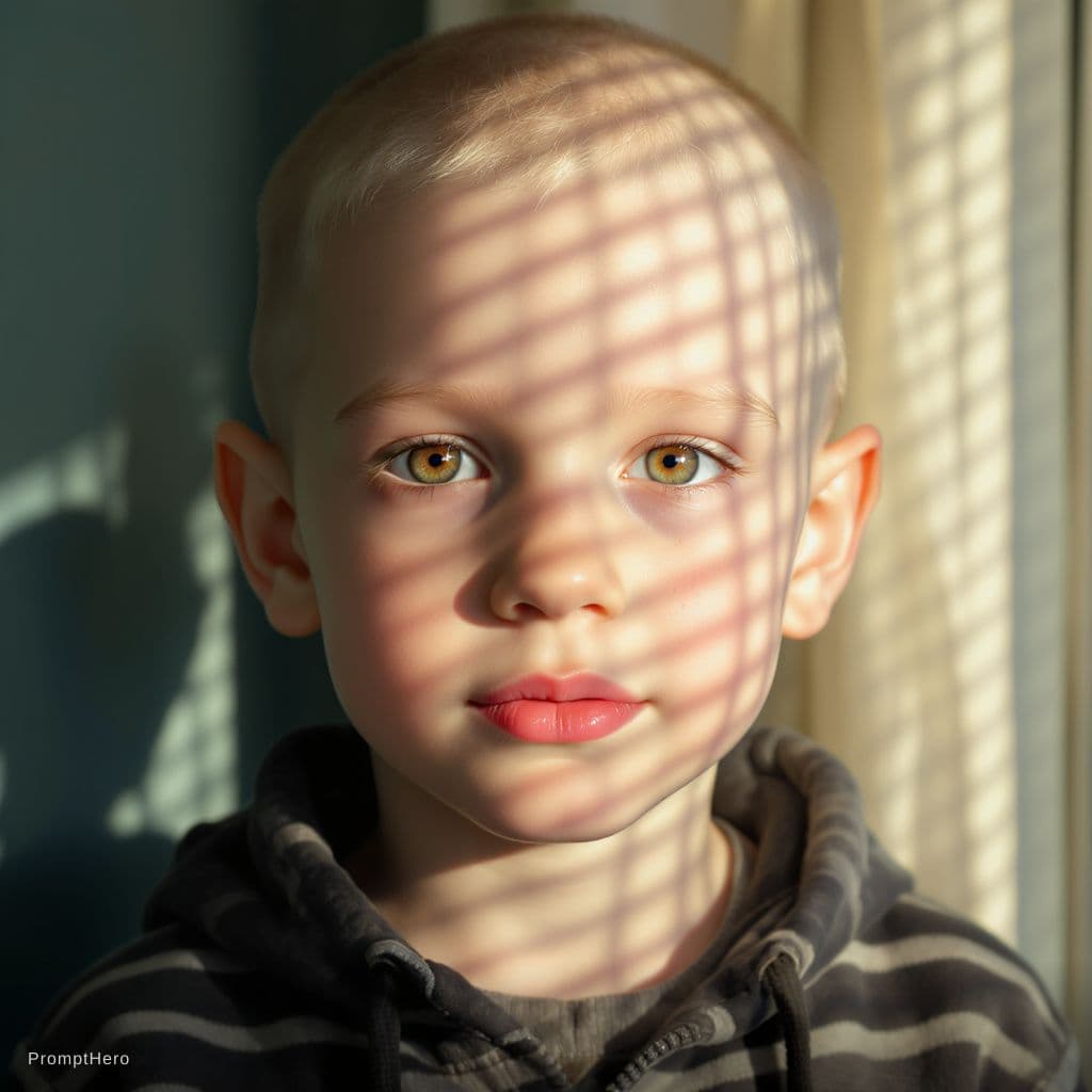 AI generated: A close-up portrait of an albino boy, illuminated by the soft, warm afternoon light filtering throug...