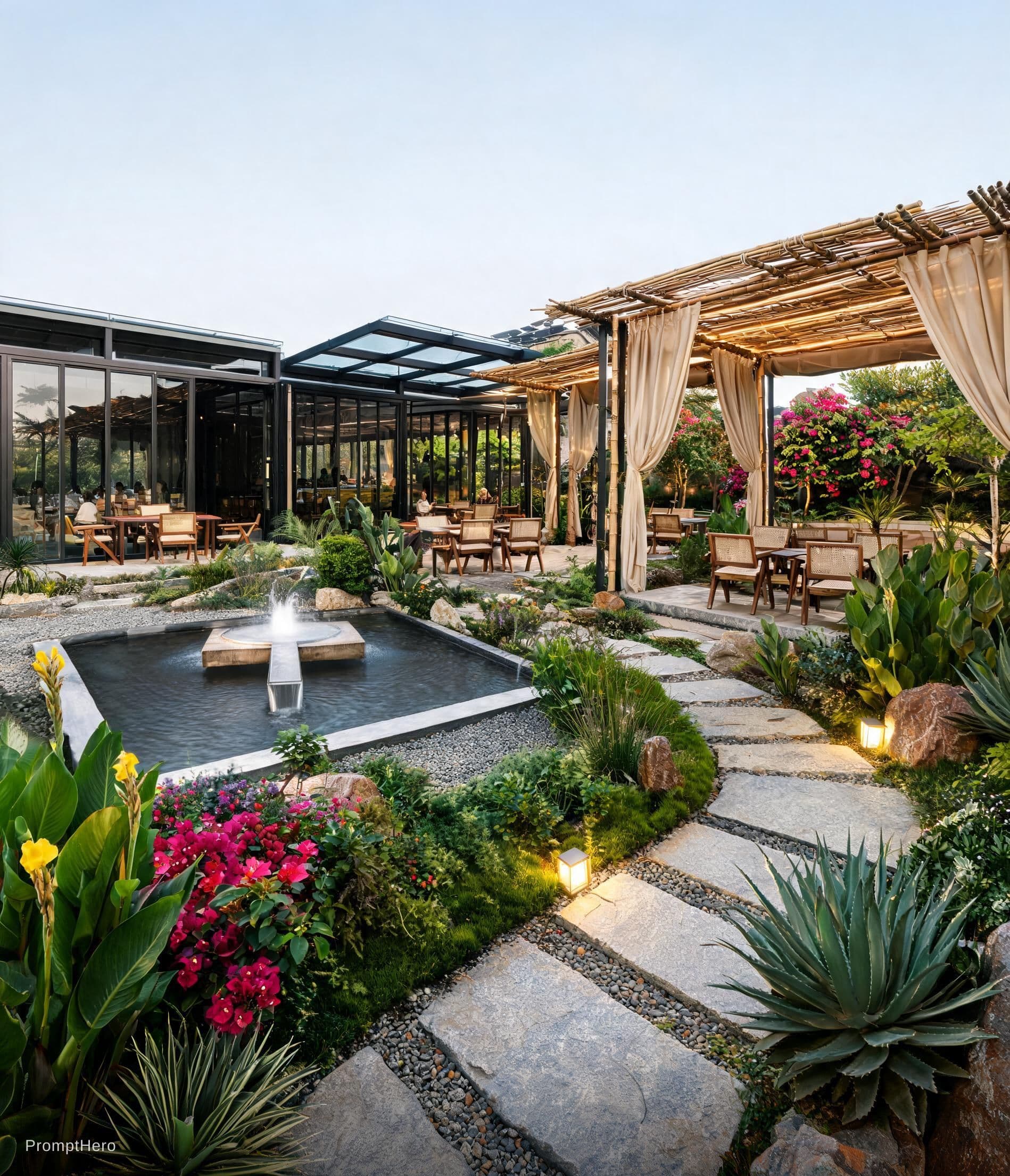AI generated: Create an image of garden restaurant with glass and steel structure with lots of greenery and colorf...