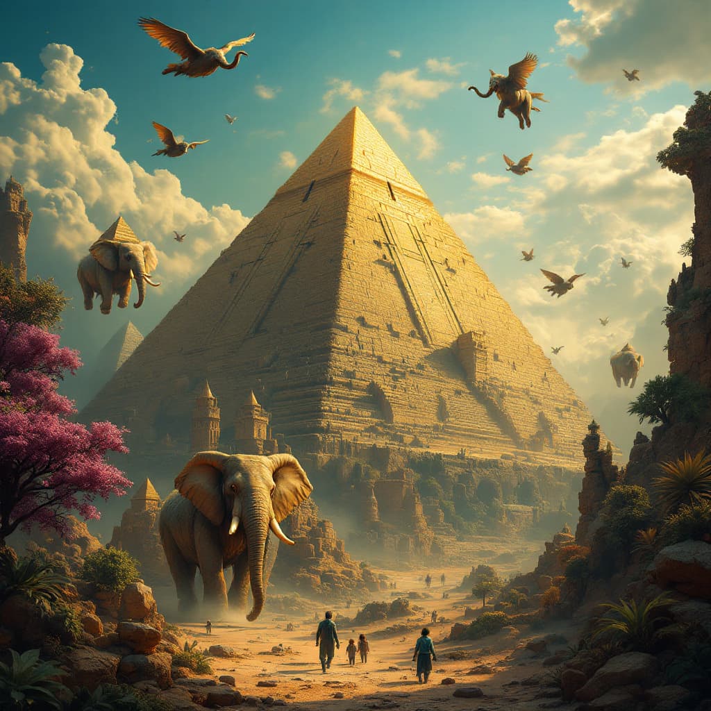 AI generated: A bizarre world with floating pyramids and flying elephants.