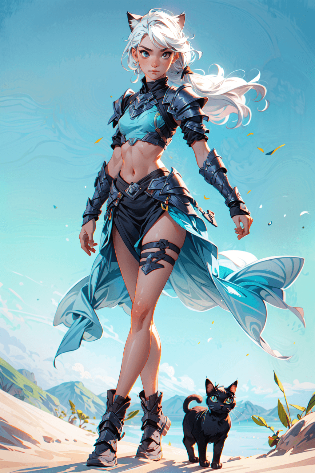 AI generated: (full body), intricate azure armor, detailed gorgeous face, cat ears, beautiful young South Korean g...