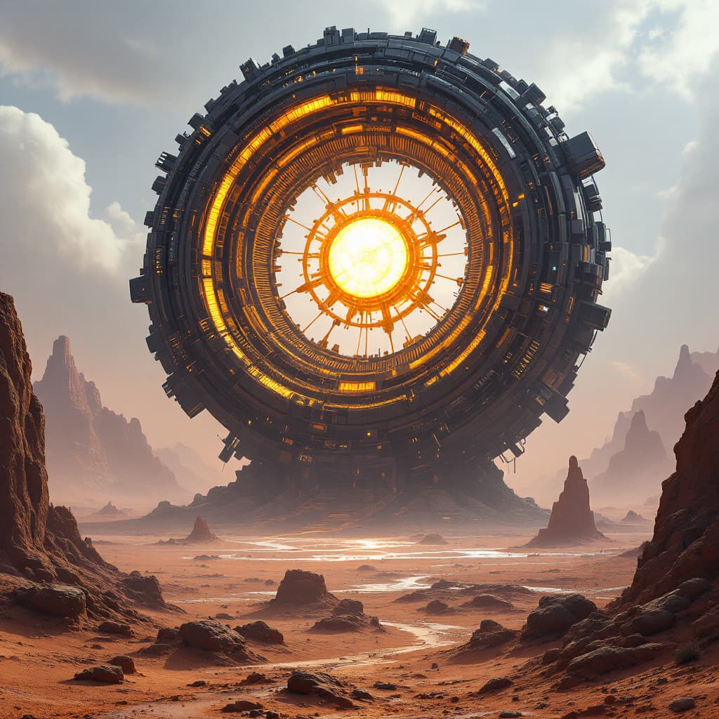 AI generated: A colossal, self-repairing, self-replicating sentient computer core rises from the barren, alien lan...