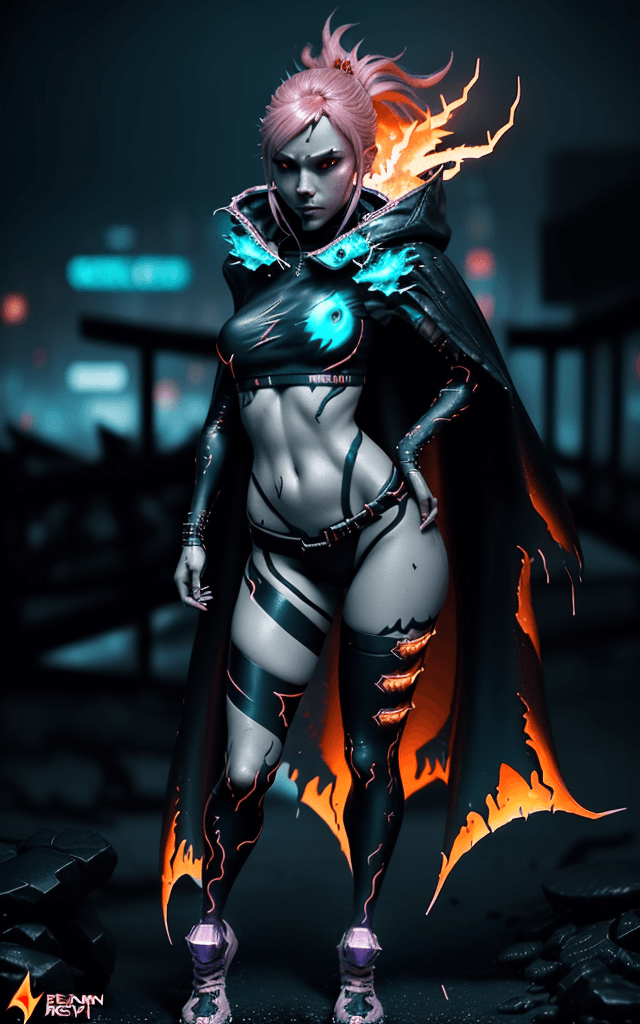 AI generated: Nami, BEAUTIFUL DEVIL FROM HELL , CAPE OF FIRE, perfect proportion, Cyberpunk Edgerunner style, late...