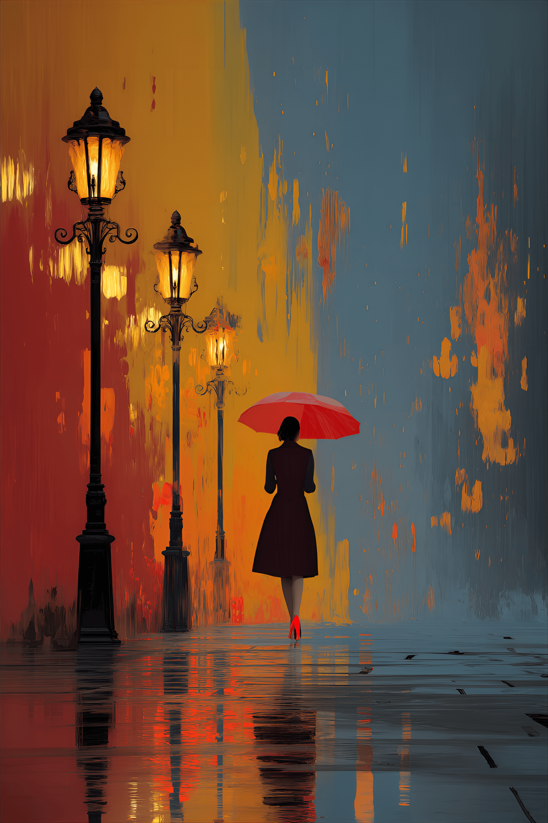 AI generated: digital painting depicts a woman walking under a red umbrella in the rain at night. The woman is see...