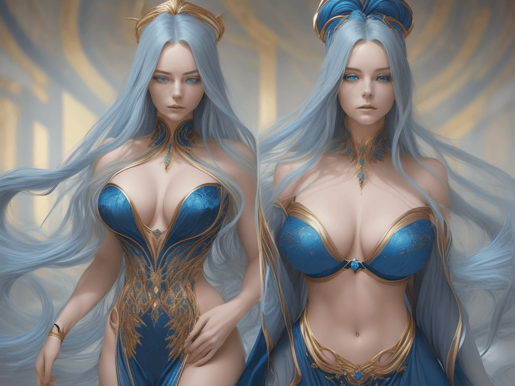 AI generated: a captivating portrait of a woman with an otherworldly aura, boasting striking blue eyes and long, f...