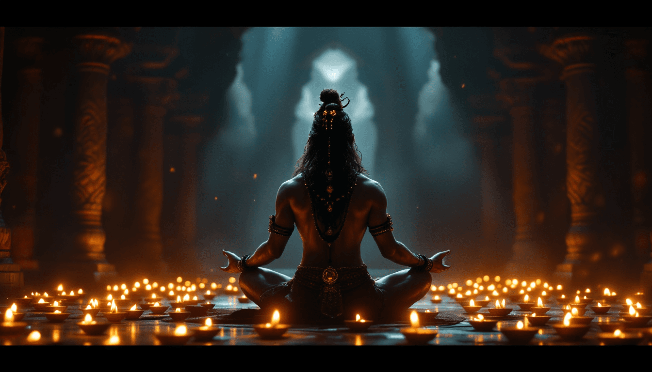 AI generated: "Design a visually poetic sequence where Shiva meditates in a secluded temple hall illuminated solel...